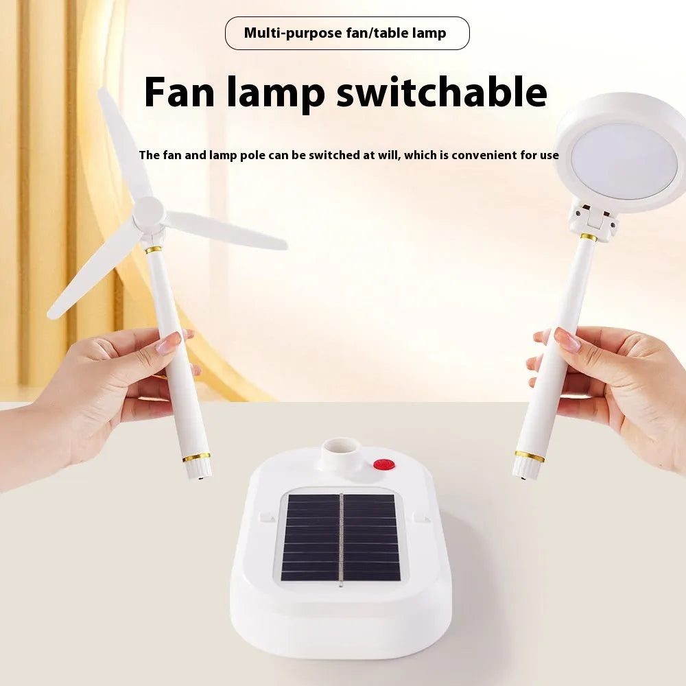 Ivory white solar charging table fan with integrated LED study lamp on desk