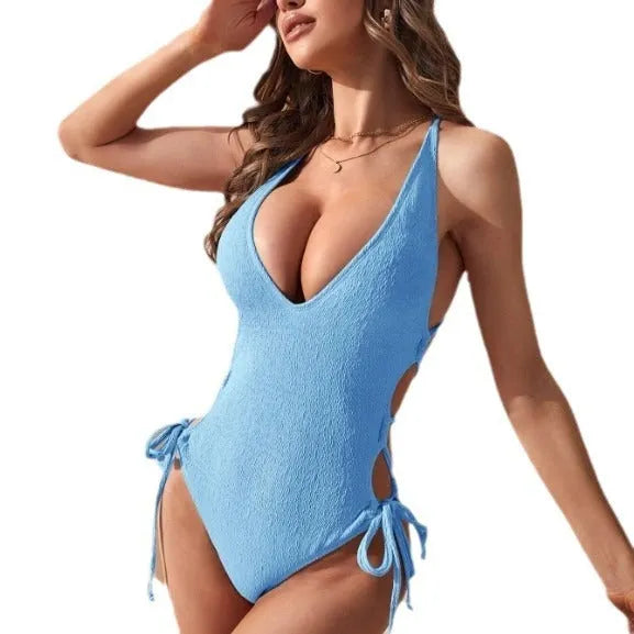 Women's hollow backless tether one-piece bikini swimsuit in polyester solid colours
