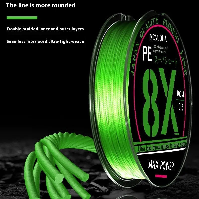 Luya Yuantou 8-weave PE fishing line green 100m spool on yellow background