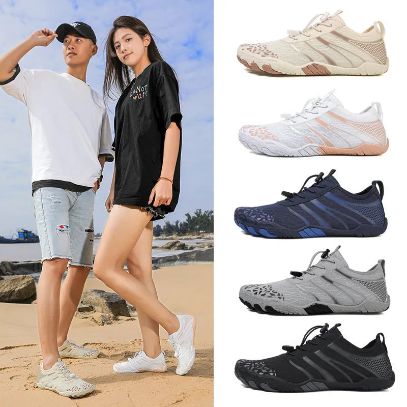 Lycra stretch fabric beach running shoes for men and women in various colours.