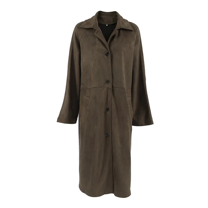 Vintage brown suede coat with loose lapels, raglan sleeves, and front pockets