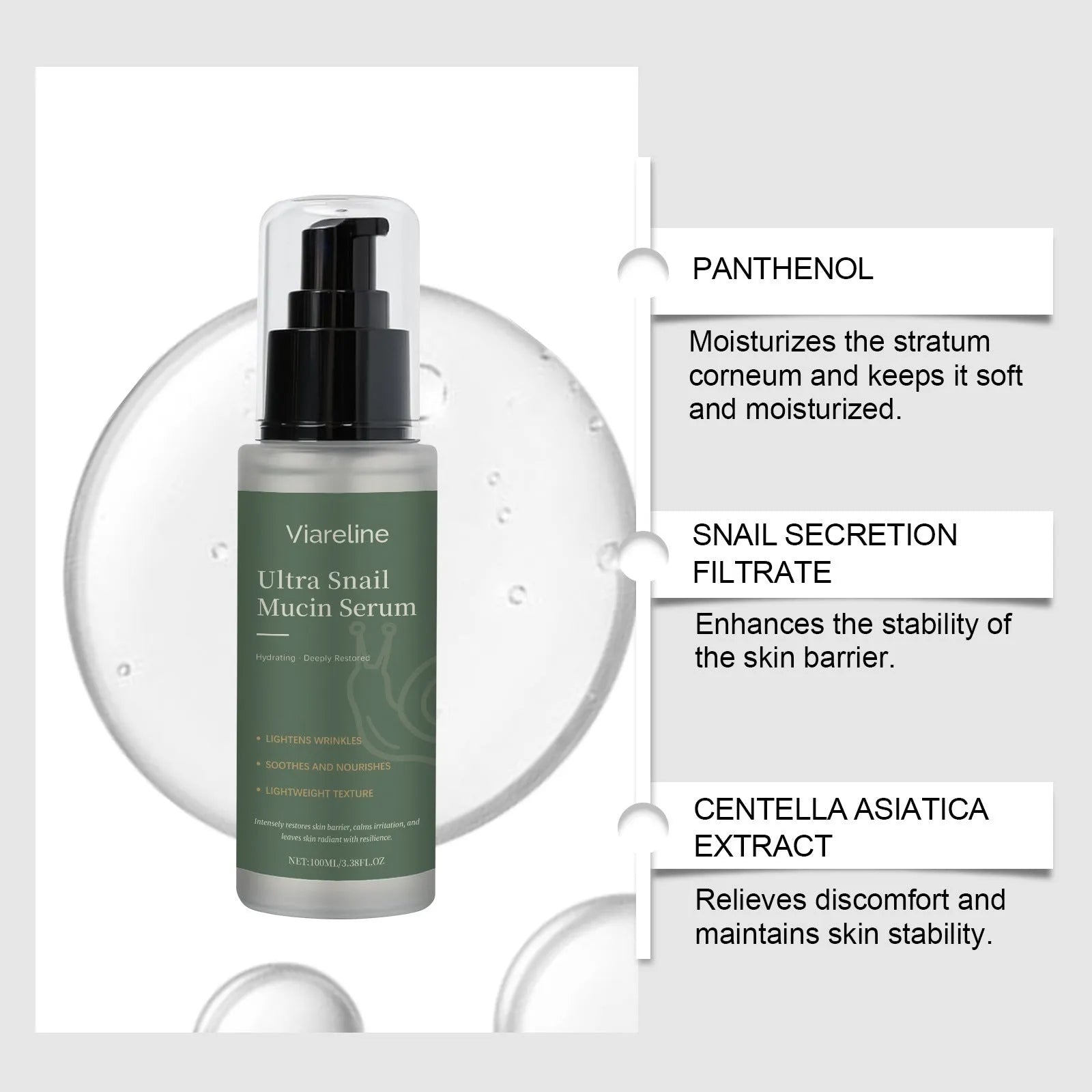 Moisturising snail filtrate essence liquid 100ml with centella extract in bottle