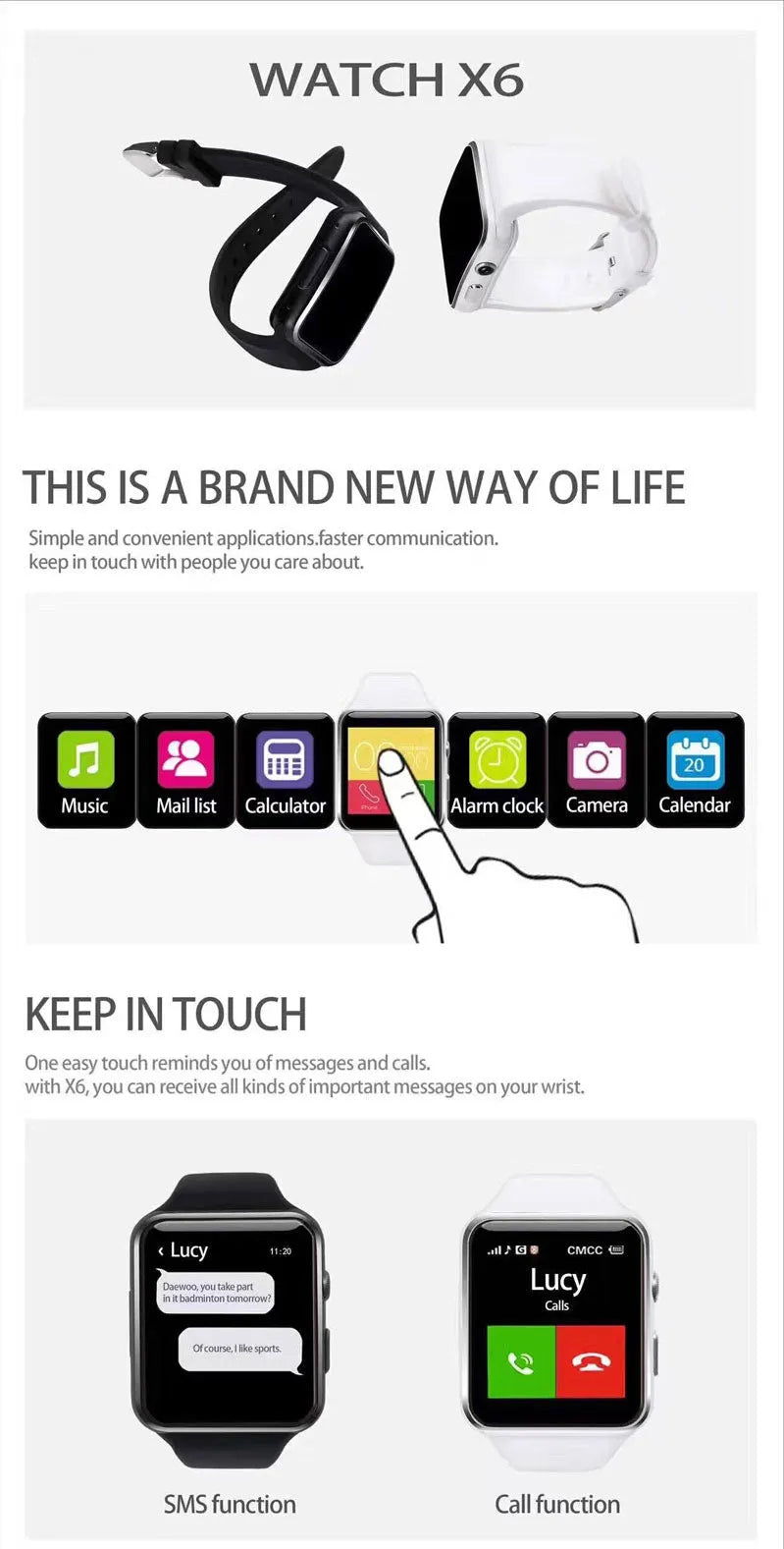 Smart watch with 1.54-inch touch screen and black silicone strap on a wrist.