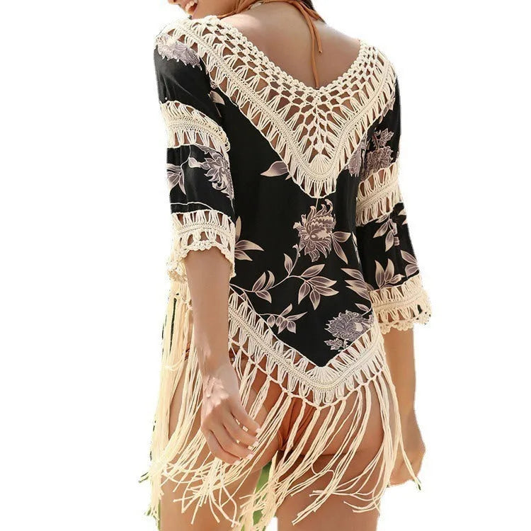 Women's mercerised cotton sun protection blouse with V-neck and hollow-out sleeves