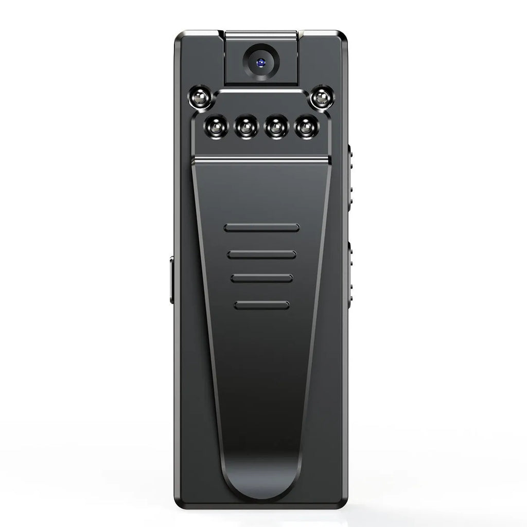 Black 1080p HD digital video camera on a stand showing its 90-degree rotation capability.