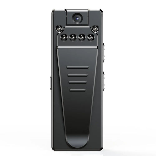 Black 1080p HD digital video camera on a stand showing its 90-degree rotation capability.