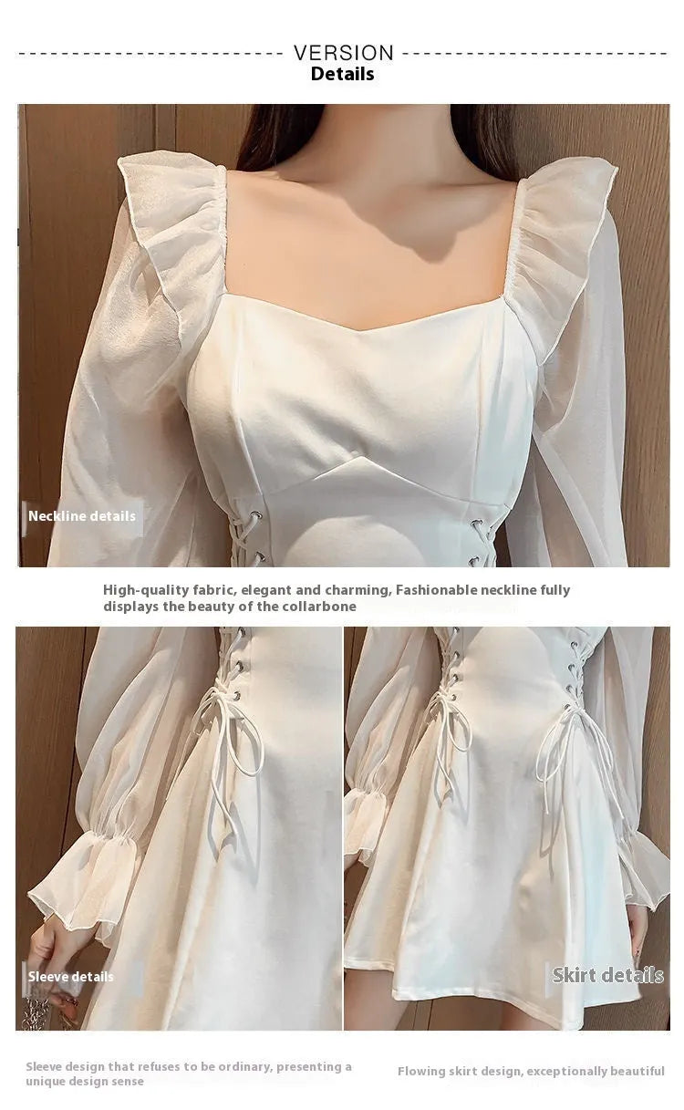 White chiffon patchwork women's maxi dress with long sleeves and waist-slimming silhouette