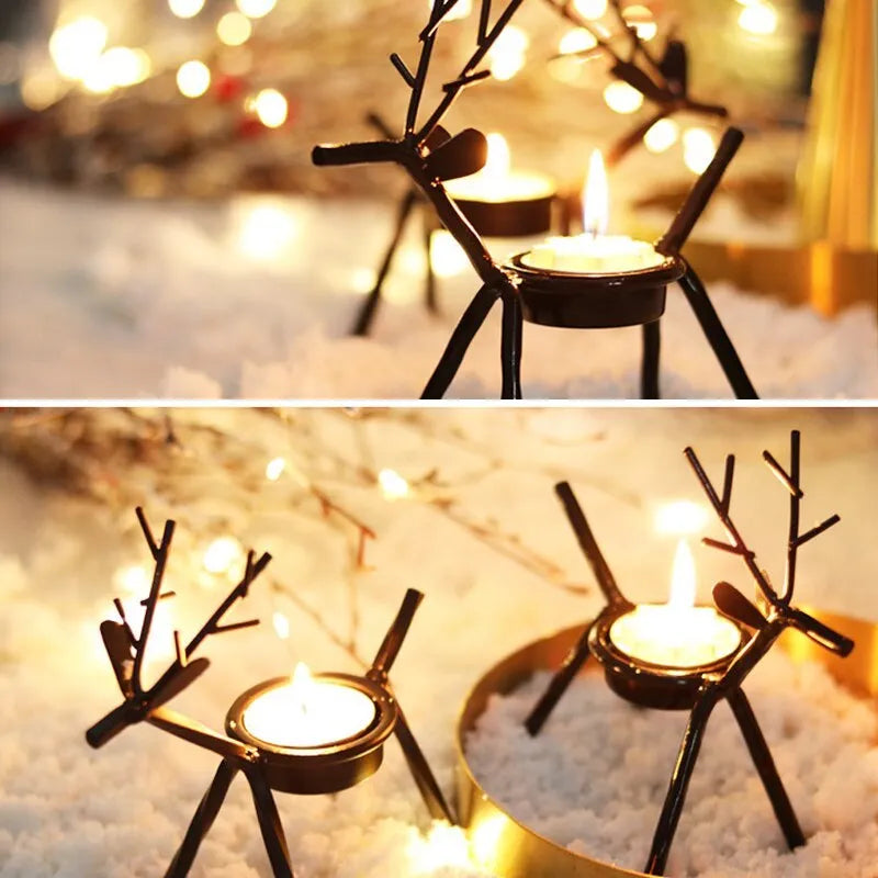 Black iron Christmas deer candlestick holder with elk antler design