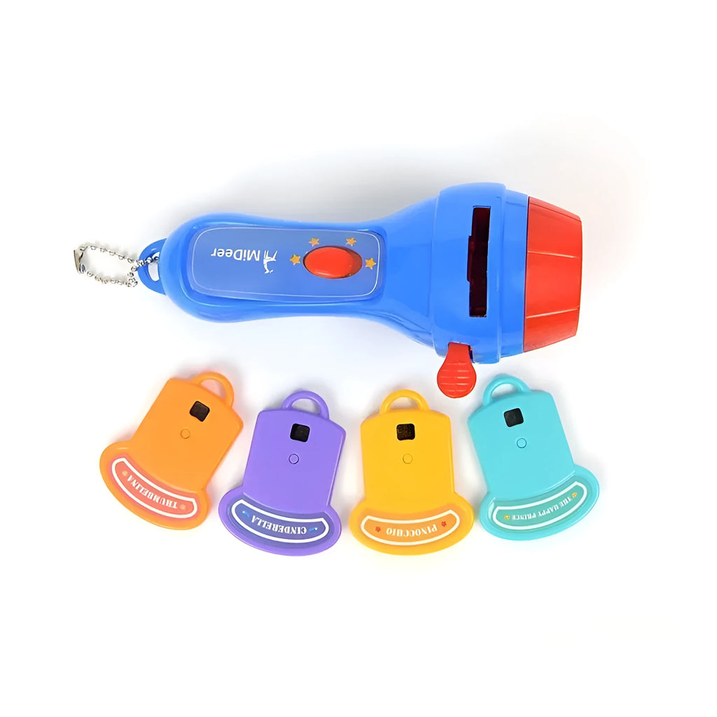 SmartKids children's story projector torch with rotating fairy tale discs projecting images on wall