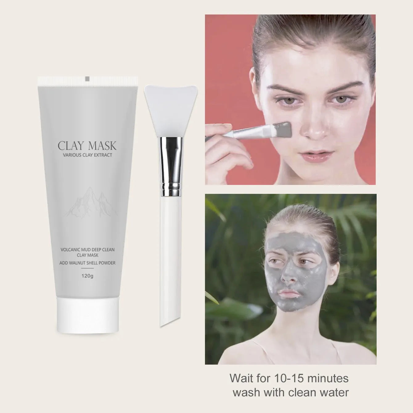 Volcanic mud mask 120ml pot with brush, deep cleansing facial mask for oily and sensitive skin