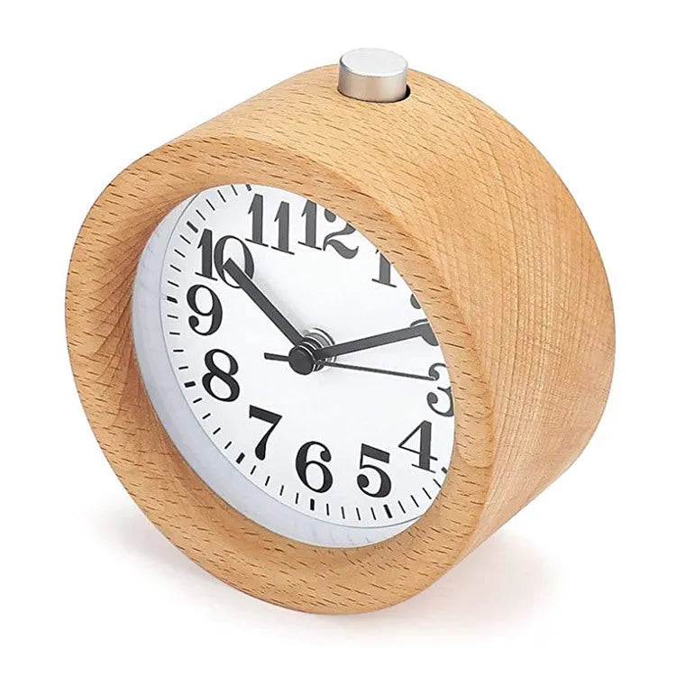 Solid beech wood student bedside alarm clock showing 9.5cm size and analogue dial.
