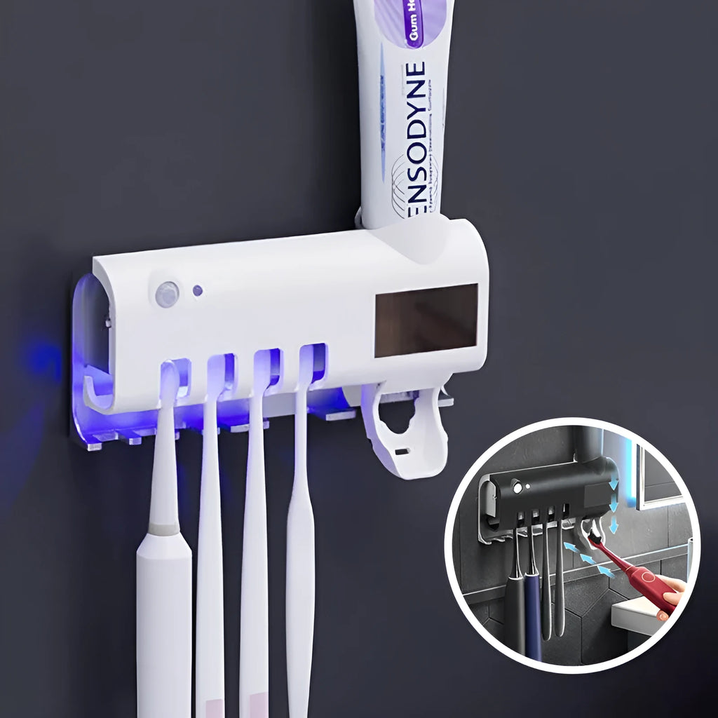 Black smart UV toothbrush steriliser and automatic toothpaste squeezer mounted on a bathroom wall.
