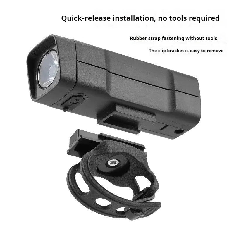 Bicycle headlight with LED and quick release strap bracket for handlebar mounting