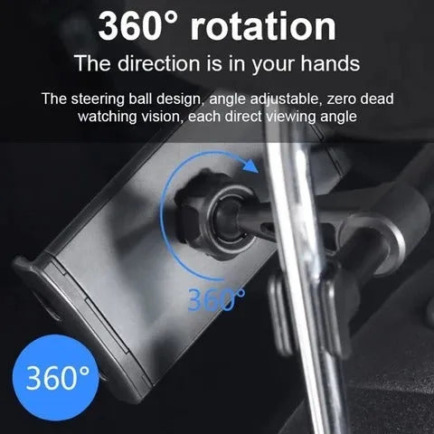 Black universal car phone holder mounted on vehicle rear seat with tablet in snap-in mechanism