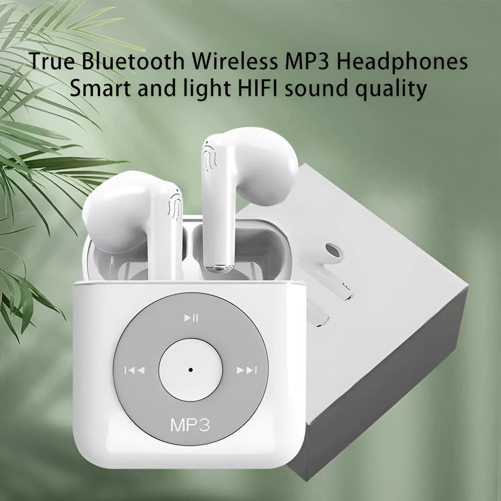 White wireless Bluetooth semi in-ear earphones and their compact charging case on a solid background.