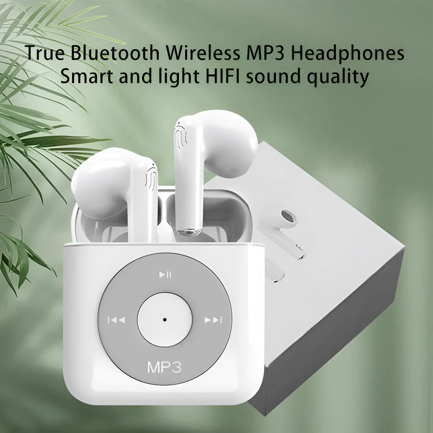 White wireless Bluetooth semi in-ear earphones and their compact charging case on a solid background.