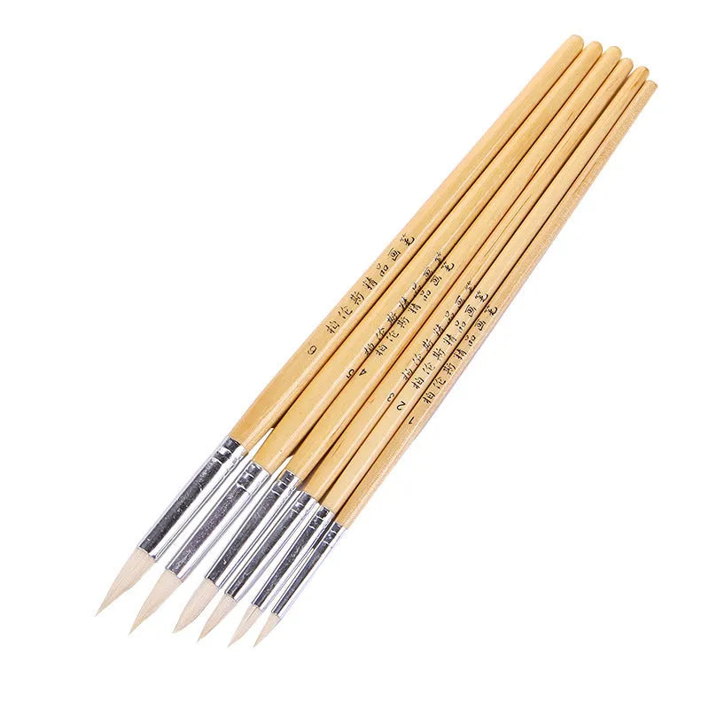 Six wooden hook artistic brushes for line painting and detailed craft work in conventional colours