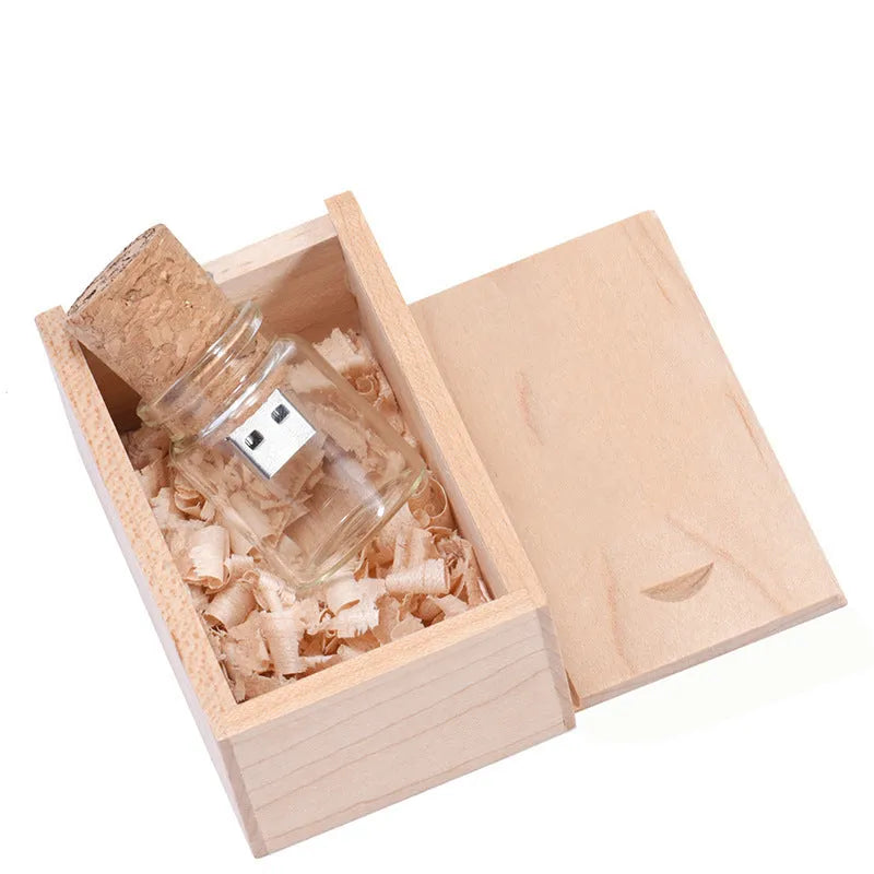 Chocolate brown wooden drift bottle shaped USB flash drive with personalised lettering graphic customisation