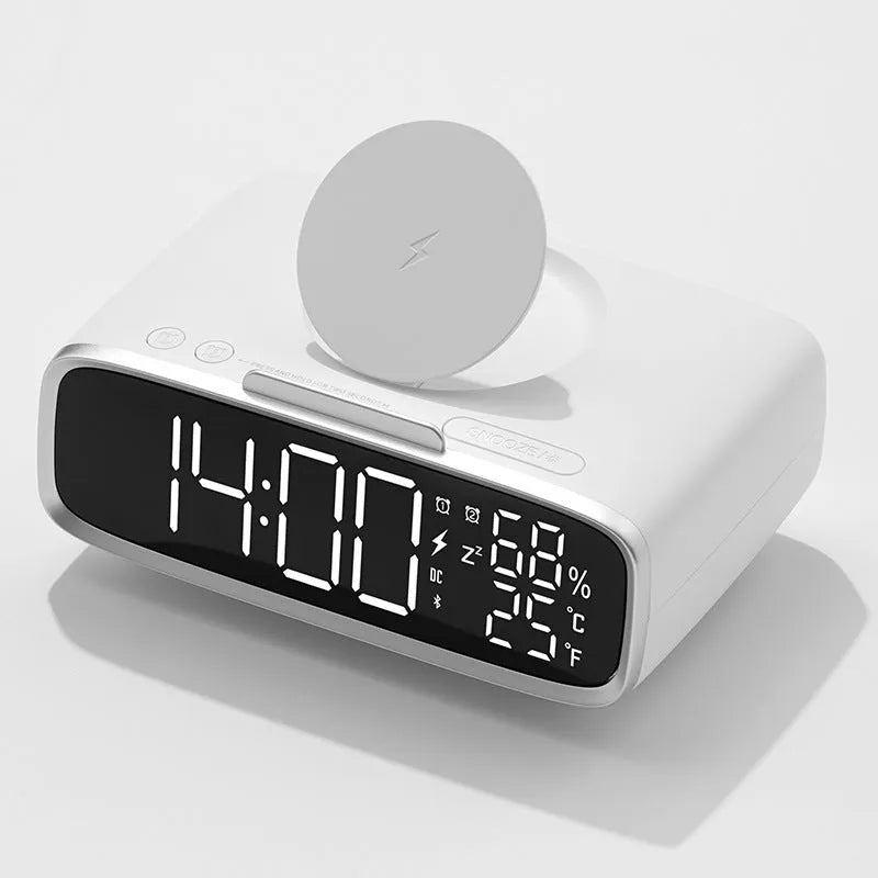 White ABS acrylic Bluetooth speaker with wireless charging pad and integrated night lamp
