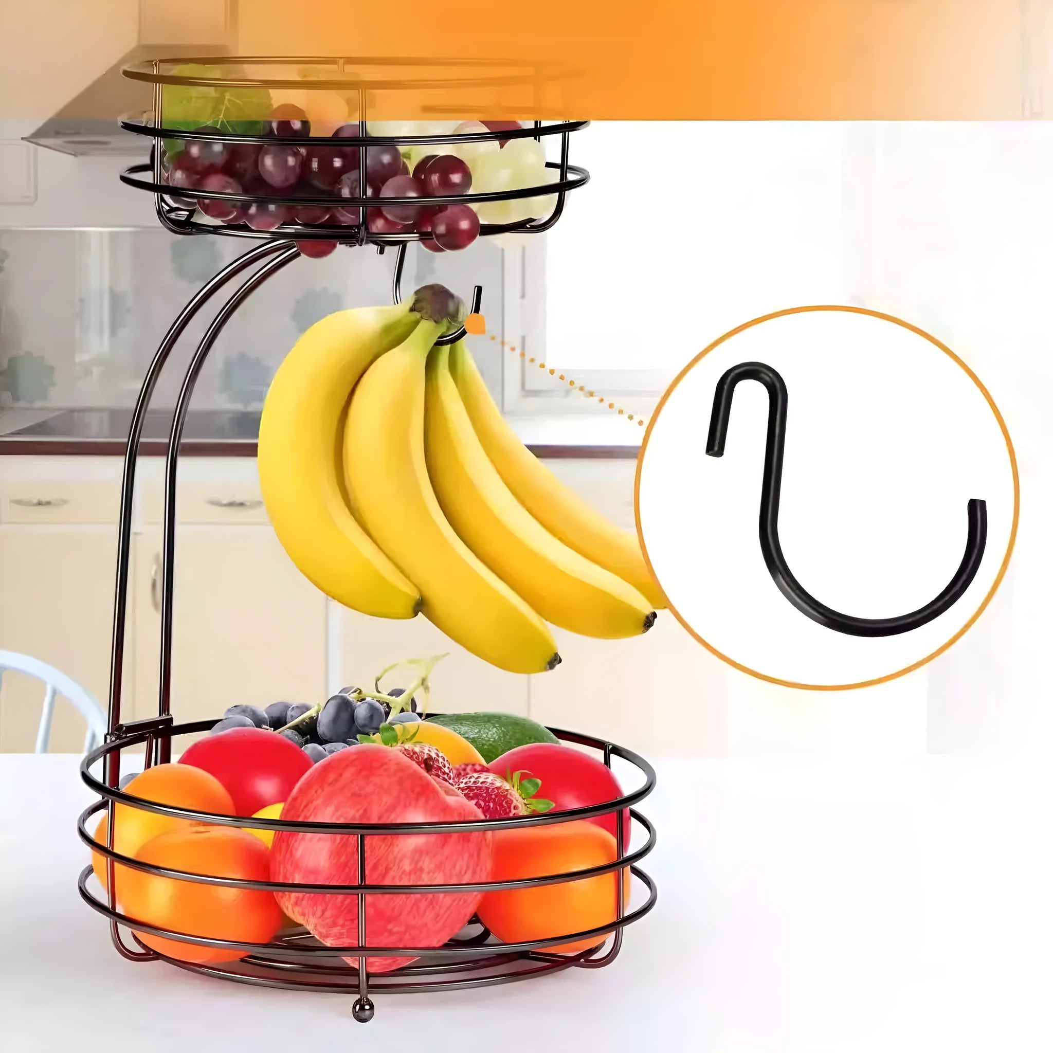 Black wrought iron double-layer fruit basket with open weave design for restaurant snack storage