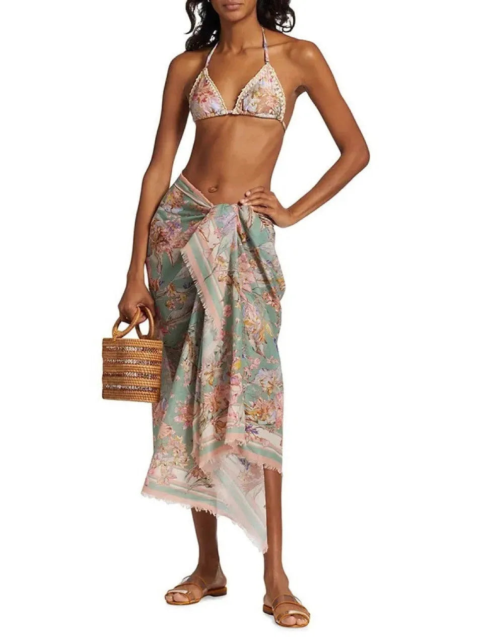 Women's creamy-white floral bikini suit with top, underwear, and matching skirt