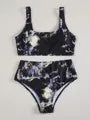 Women's marble tie-dye high waist bikini set with U-neck top for swimming