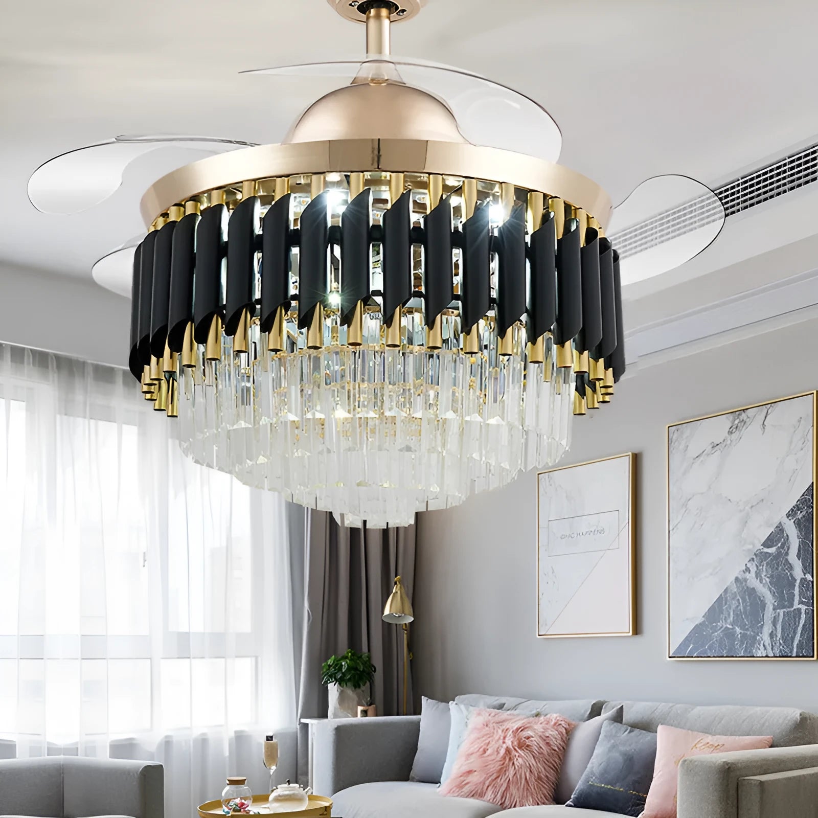 Crystal chandelier ceiling fan light with LED lighting and remote control in 42 or 48 inch sizes