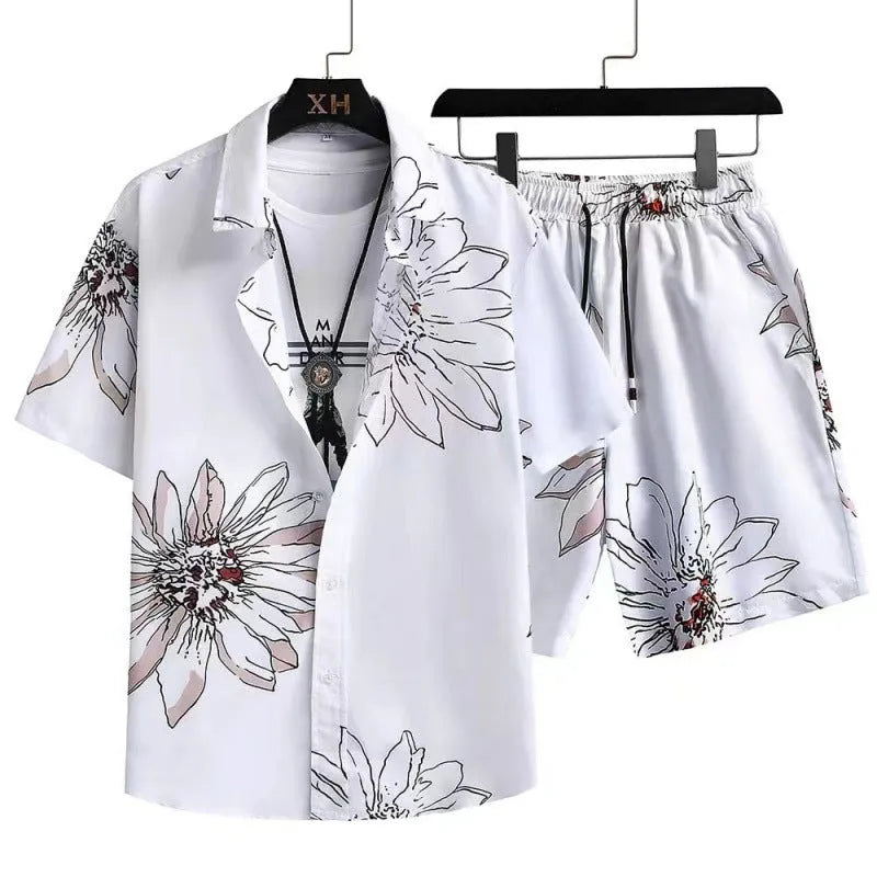 Men's digital print cardigan suit set with short sleeve shirt and matching shorts