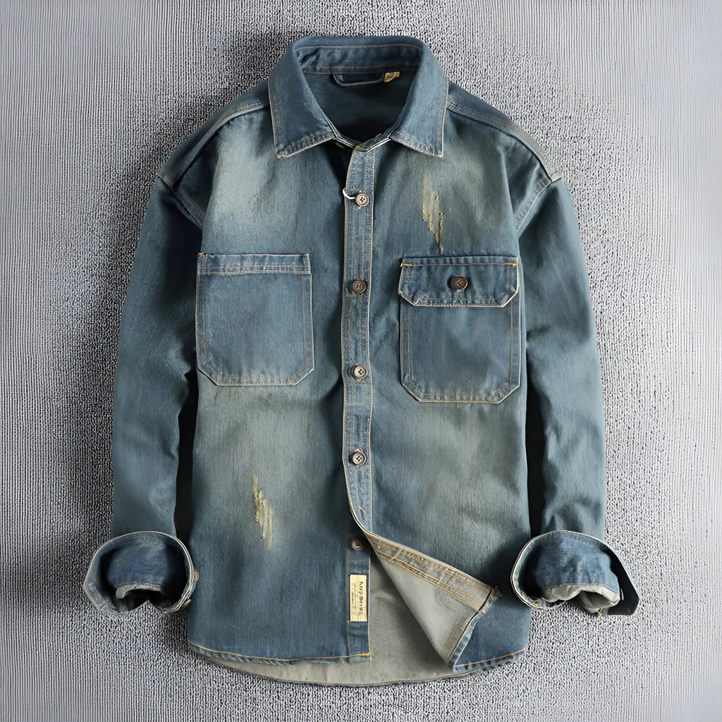 Men's light blue washed vintage denim shirt with long sleeves loose fit