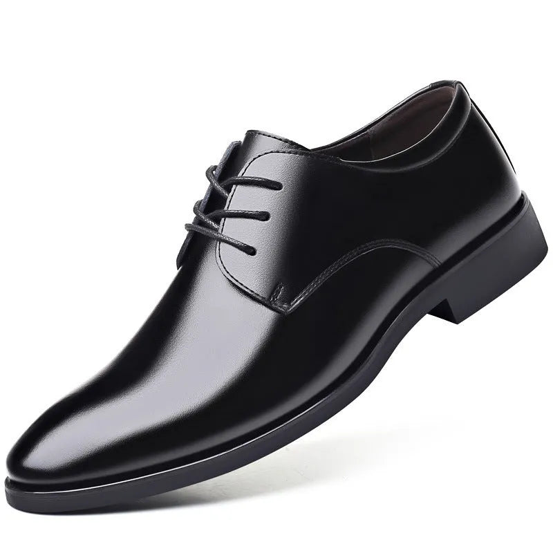Men's leather business formal shoes with pointed toe and PVC sole in black and brown colour options, sizes 38-46