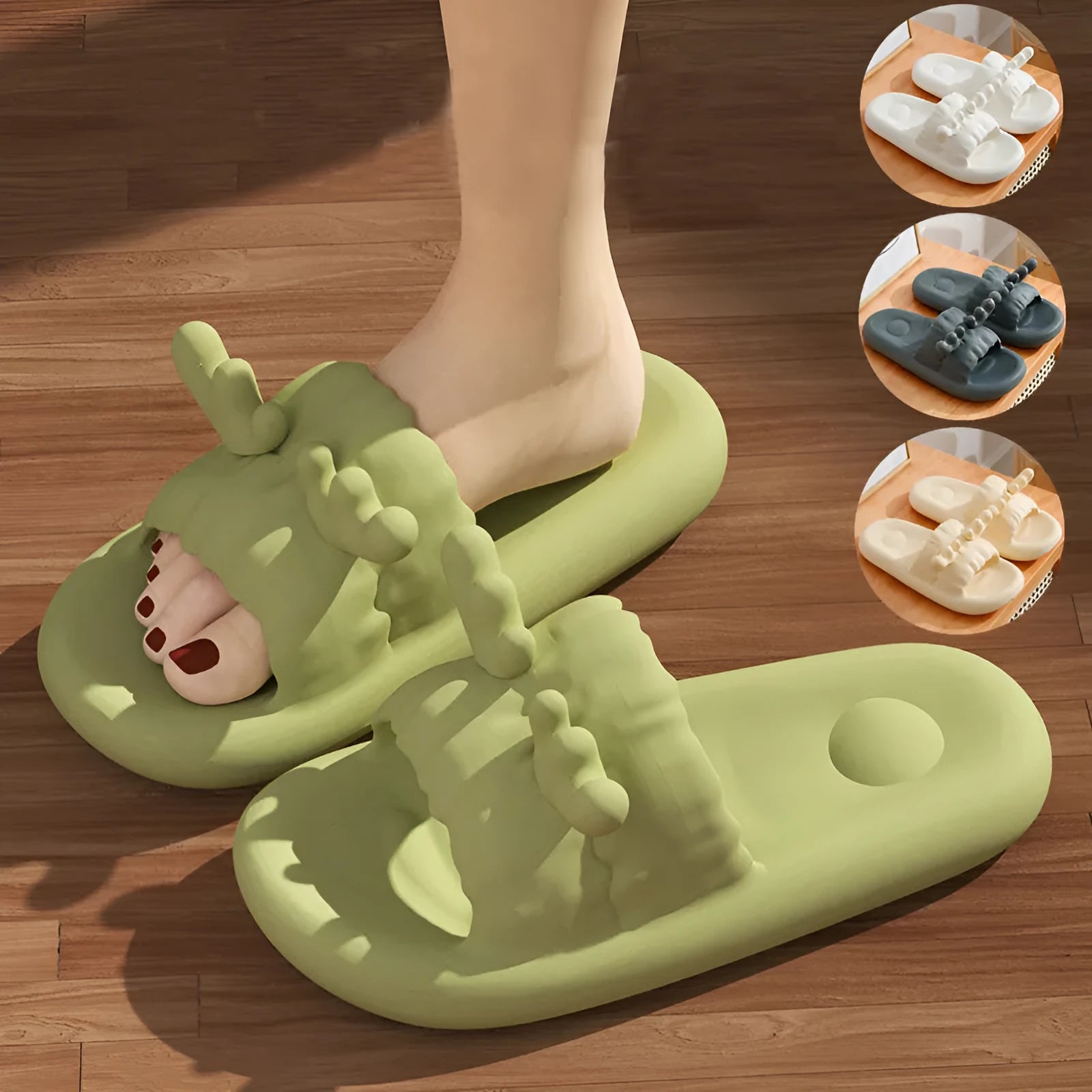 White deer horn pattern EVA flip-flop slippers with hollow-out design on a bathroom floor
