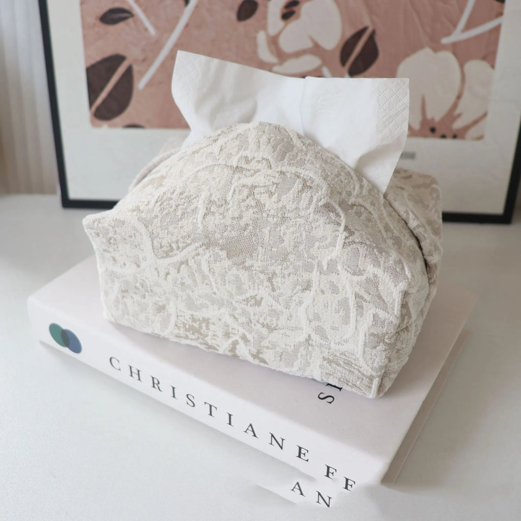 Chinese style floral cotton tissue box cover in beige, blue, or brown for living room
