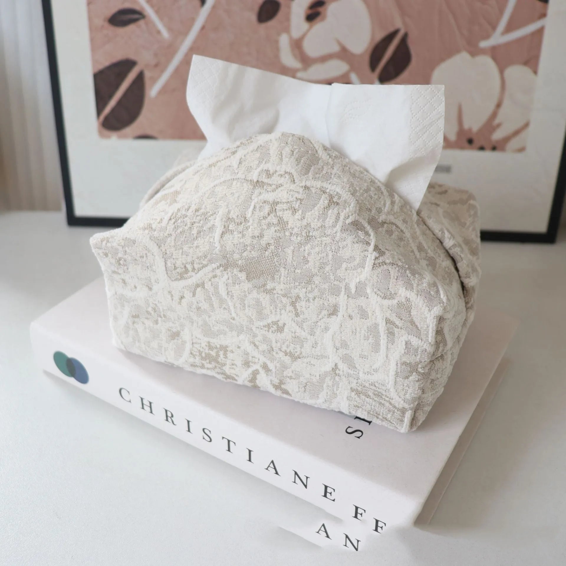 Chinese style floral cotton tissue box cover in beige, blue, or brown for living room