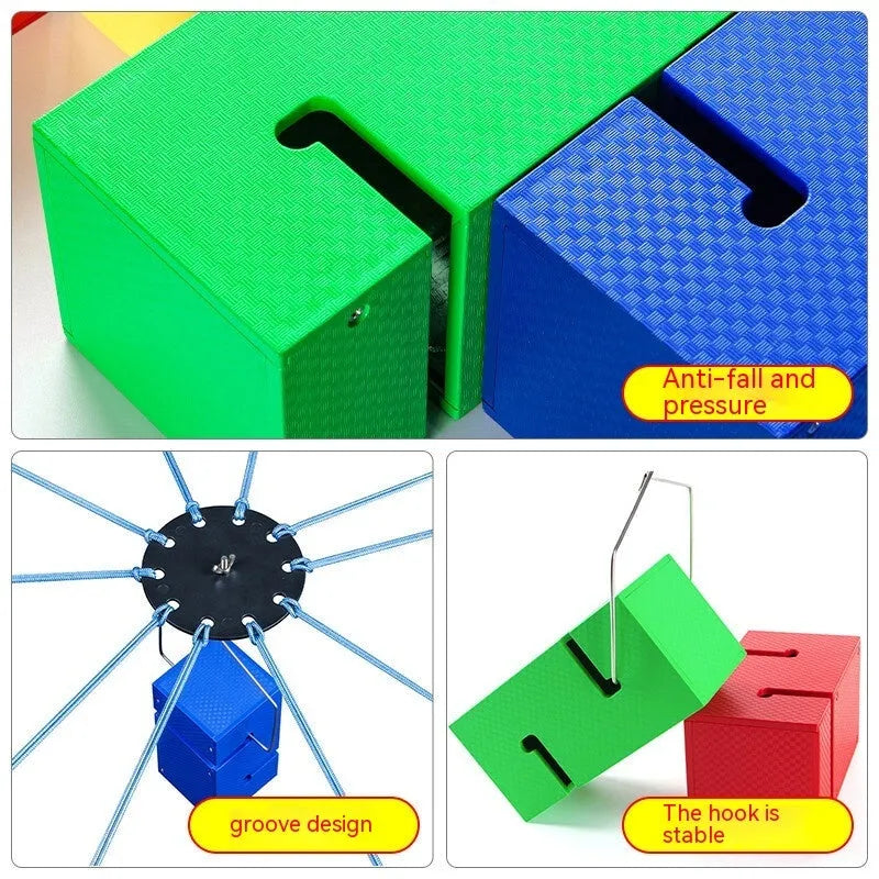 ABS plastic tower building game equipment with coloured blocks, pull ropes, and hook frames for team activities