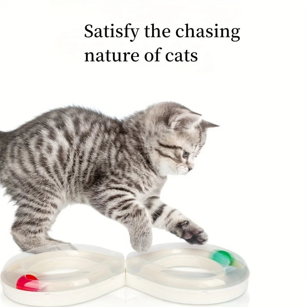 Blue and white cat turntable track toy with self-hi motion system and teasing wand