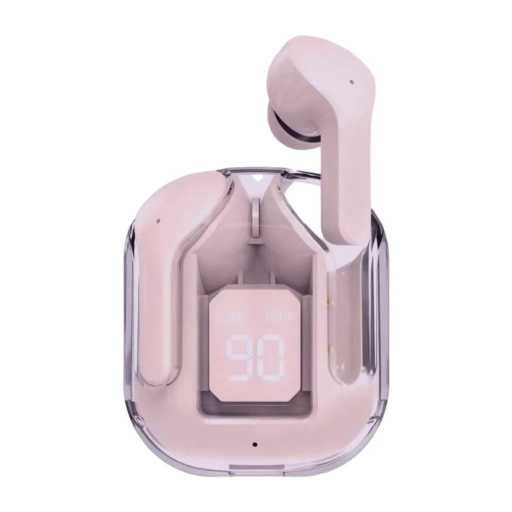 Transparent space capsule case containing true wireless Bluetooth earbuds with digital battery display