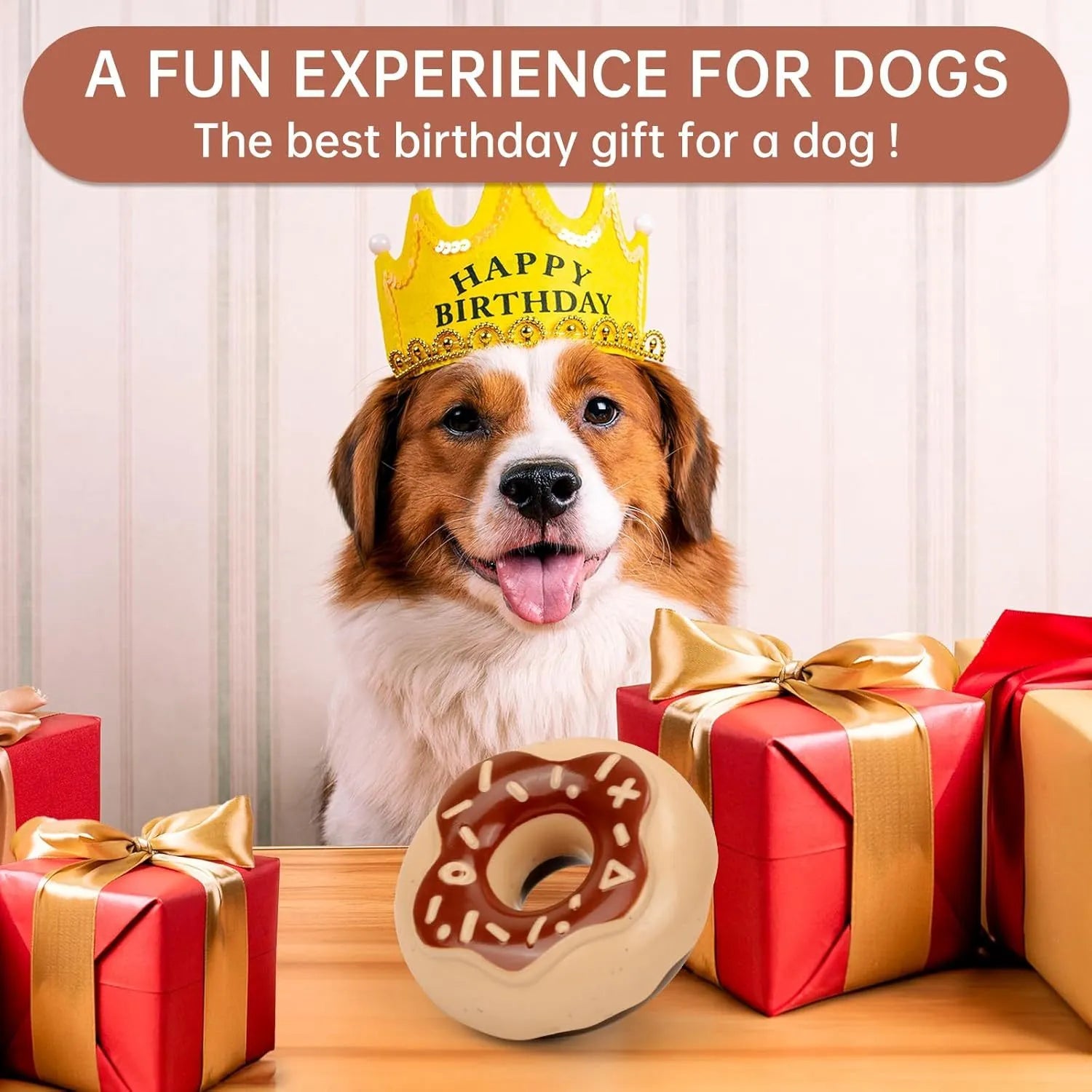 TPR donut dog toy in coffee colour with embossed surface for teeth grinding and hidden squeaker