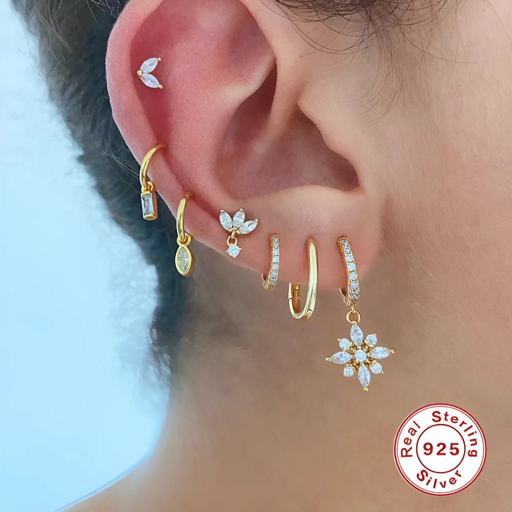 S925 sterling silver snowflake pendant earrings with geometric design and gemstone detailing