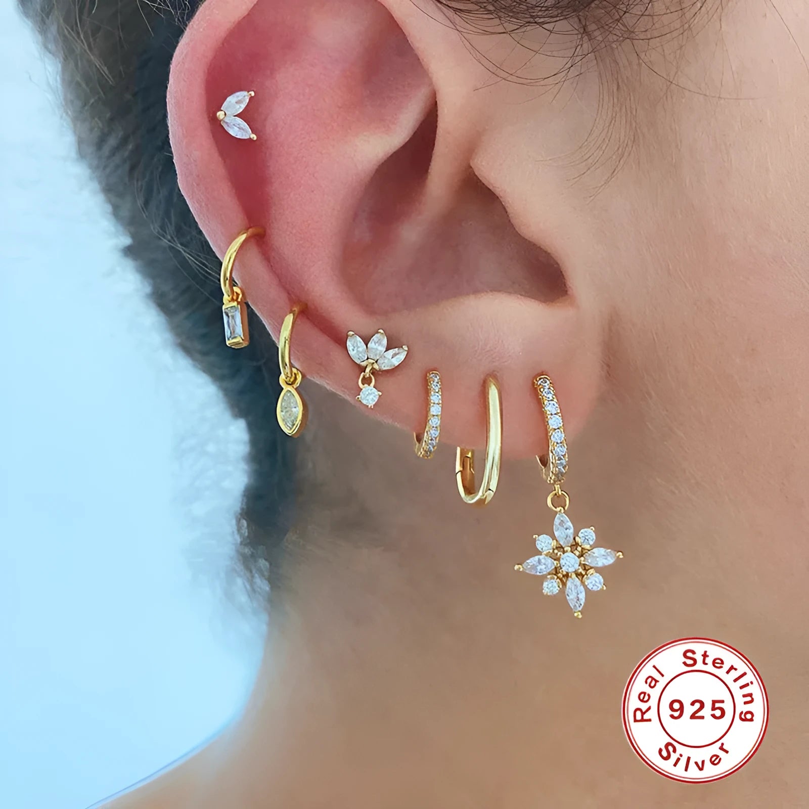 S925 sterling silver snowflake pendant earrings with geometric design and gemstone detailing