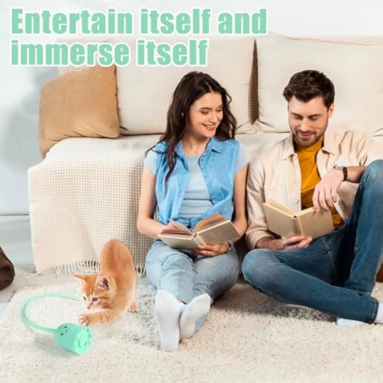 Rechargeable automatic cat toy with motorised swinging silicone tail on green background