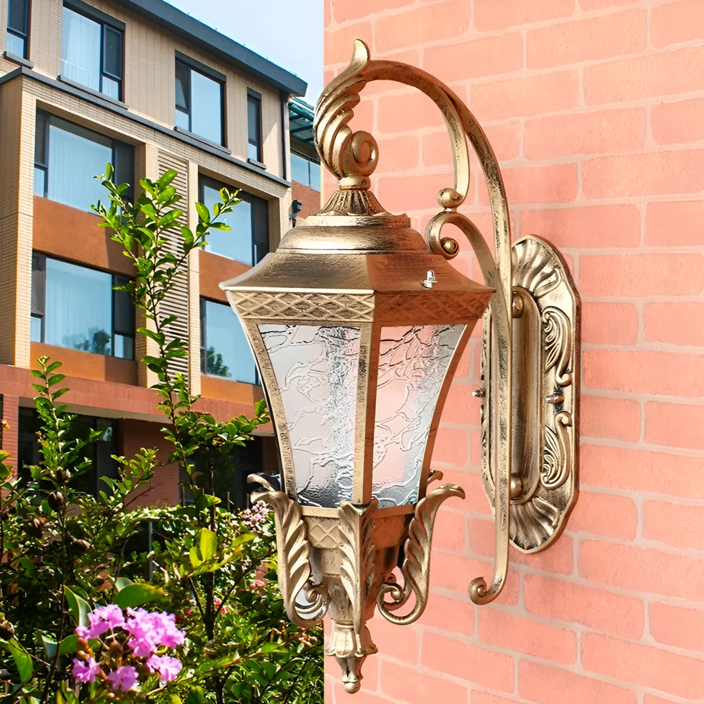 European-style black outdoor wall lamp with solar panel mounted on exterior wall