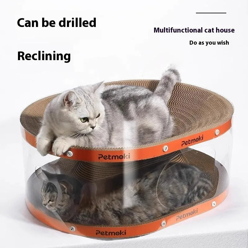 White transparent PVC cat tunnel with attached corrugated cardboard scratch board.