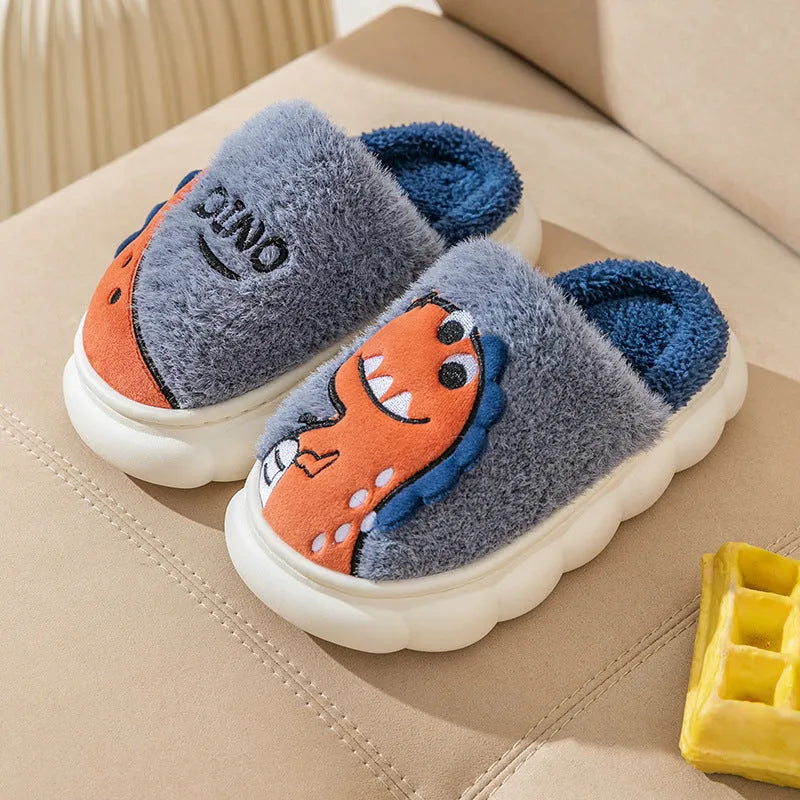 Plush cotton indoor couple slippers with thickened soles in dinosaur designs showing colour options