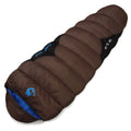 Mummy-style camping sleeping bag in army green, shown compressed in its storage sack and laid out fully.