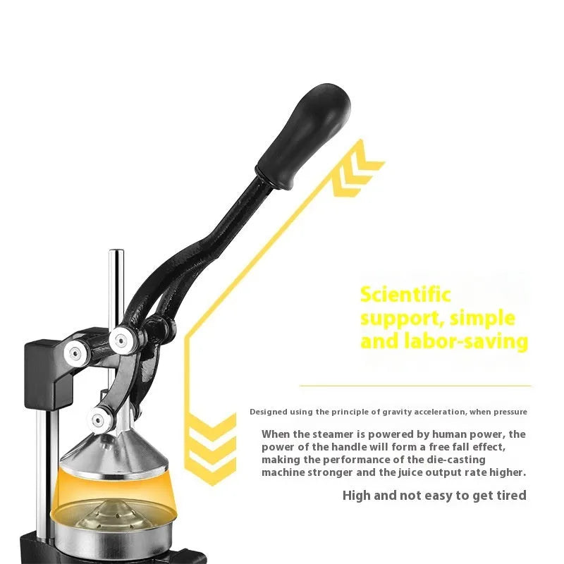Black cast iron manual citrus juicer with stainless steel cone and lever, 40cm tall on a table.