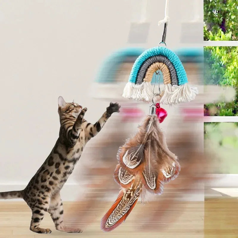 Feather cat rope toy with elastic door swing and sticky buckle clamp in blue, green, or pink colours