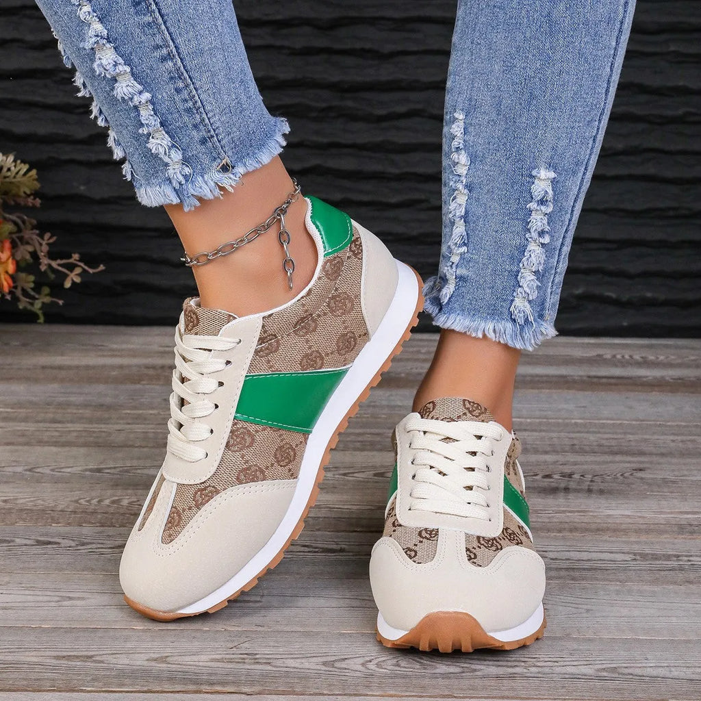 Oversized women's casual lace-up shoes in khaki, artificial PU upper, round toe, shallow mouth, flat rubber sole