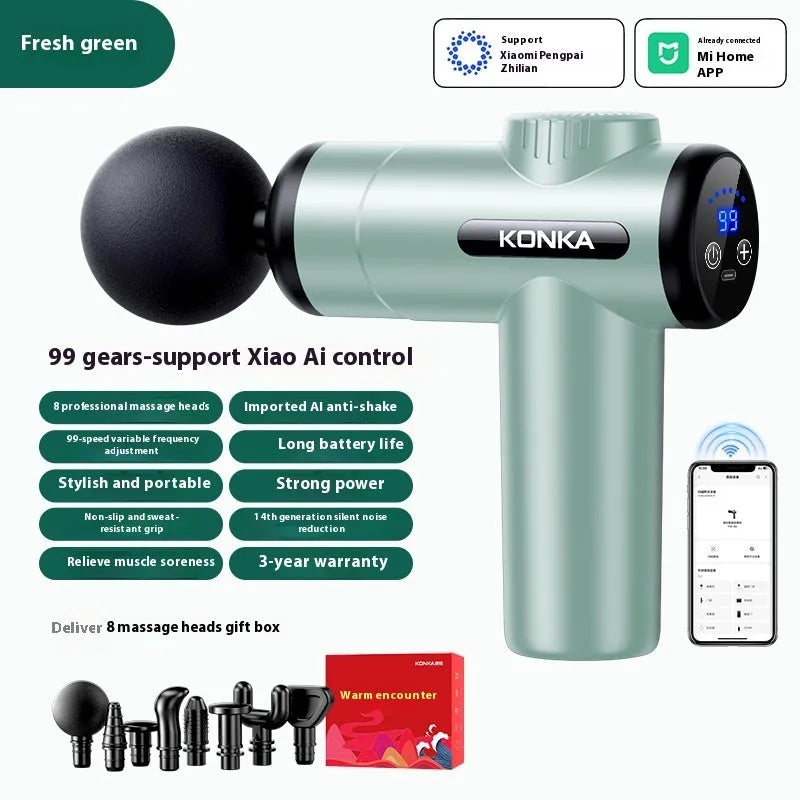 Konka electric mini massage gun with multiple massage head attachments on a gray background.