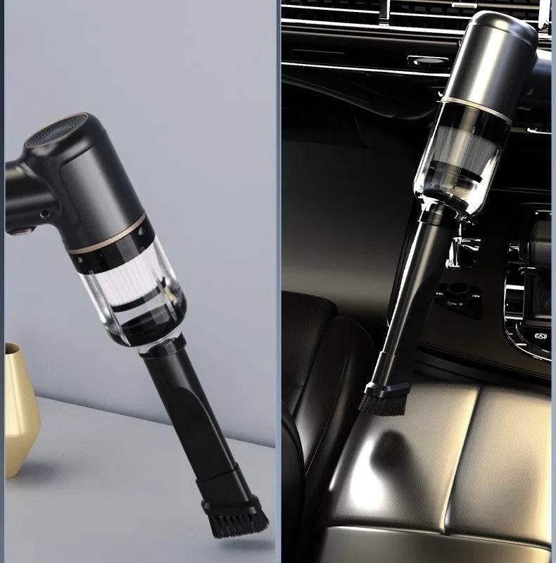 Black wireless car and home vacuum cleaner with accessories including brush heads and nozzles