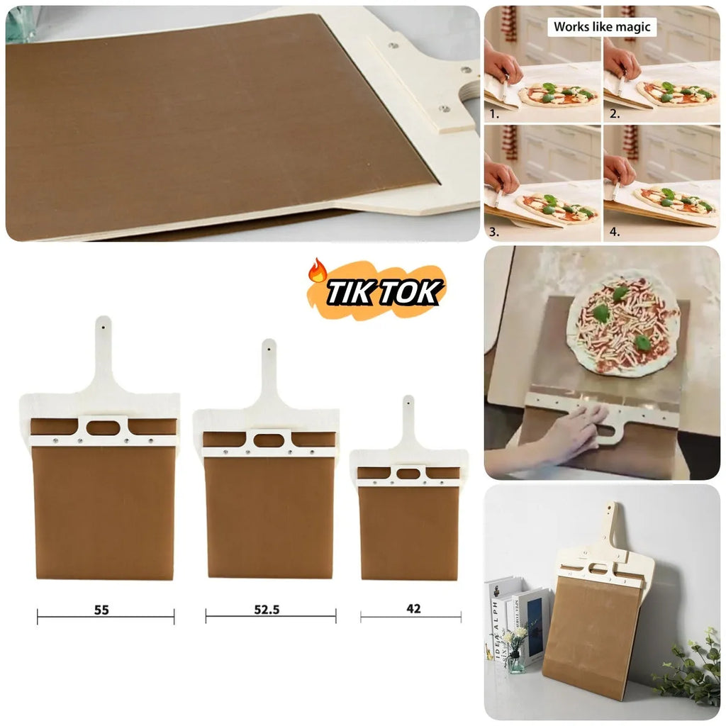 Natural wood sliding pizza peel in log colour with wooden handle, available in three sizes for transferring baked goods